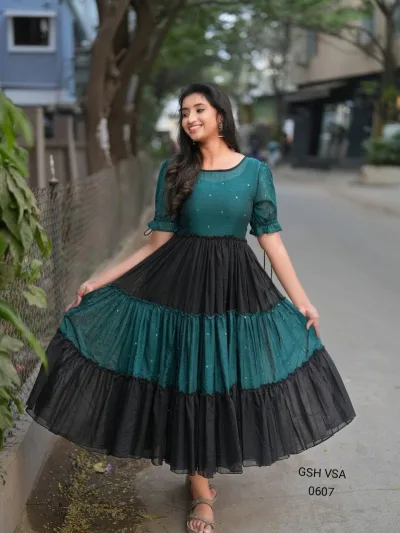 Black & Teal Magic Tiered Midi Gown Dress